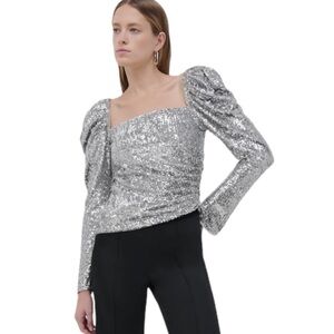 Jonathan Simkhai Allura Silver Sequins Square Neck Puff Sleeve Top Sz 6 Small